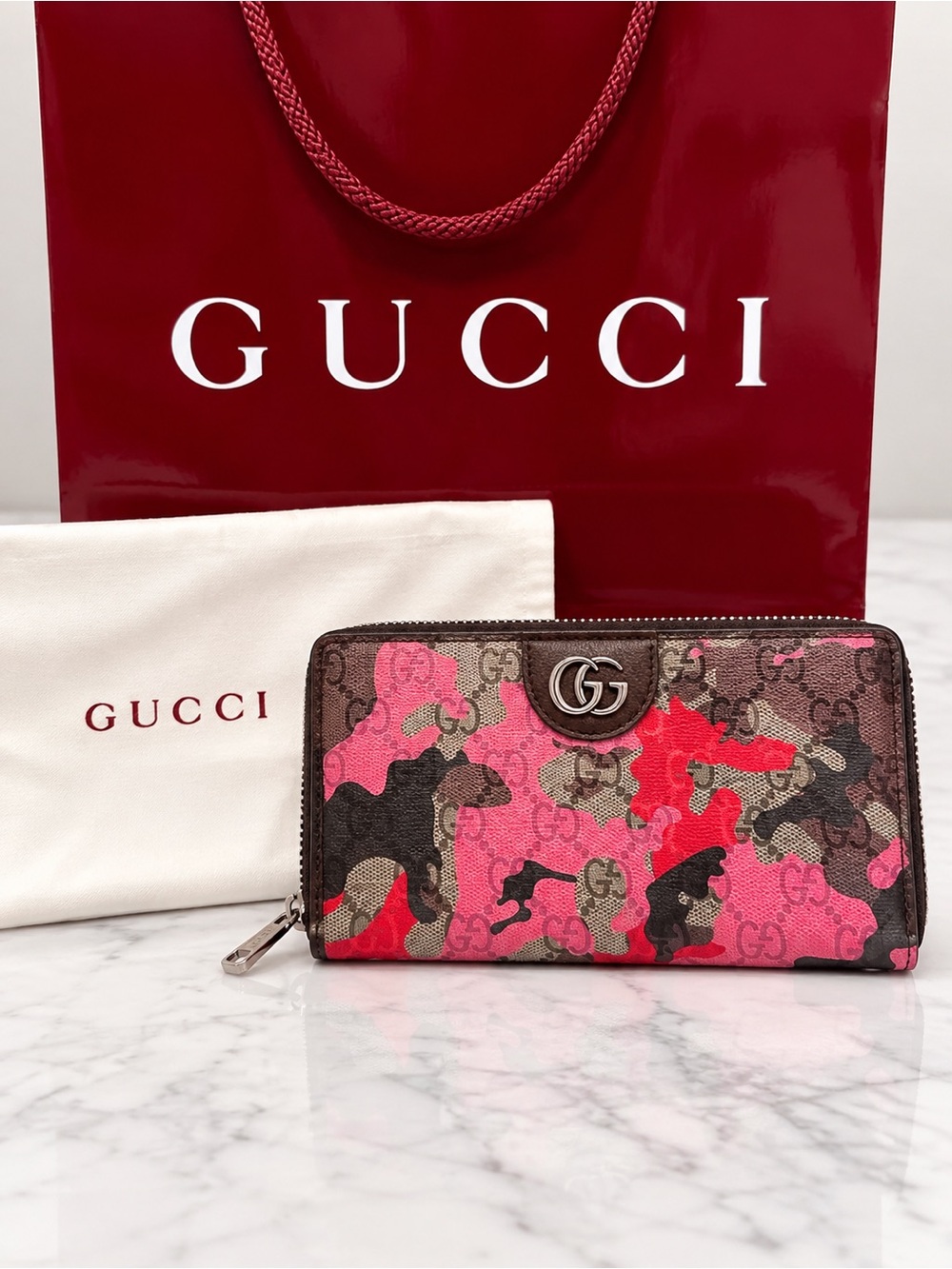 NWT Gucci Pink and Brown GG Camouflage Zip Wallet
